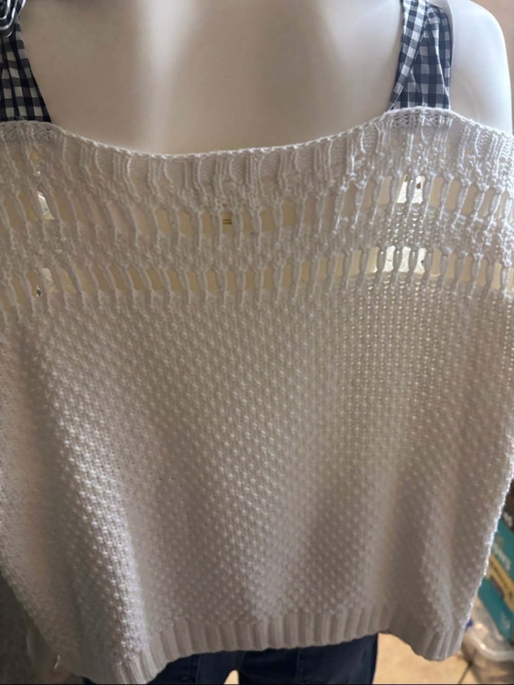 Maeve Ivory Off-Shoulder Knit Sweater with Gingham Tie Straps 232 - Picture 9 of 12